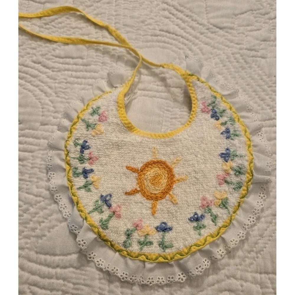 Vintage BABY BIB Embroidered Sun Flowers On Terry Cloth Eyelet Lace Ruffle